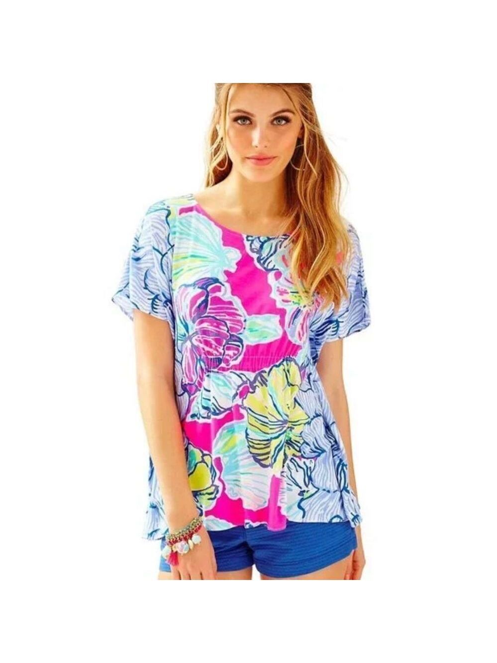 Lilly Pulitzer Kaliko Caftan Top Swept By Tides Royal Pink Floral Peplum Tunic